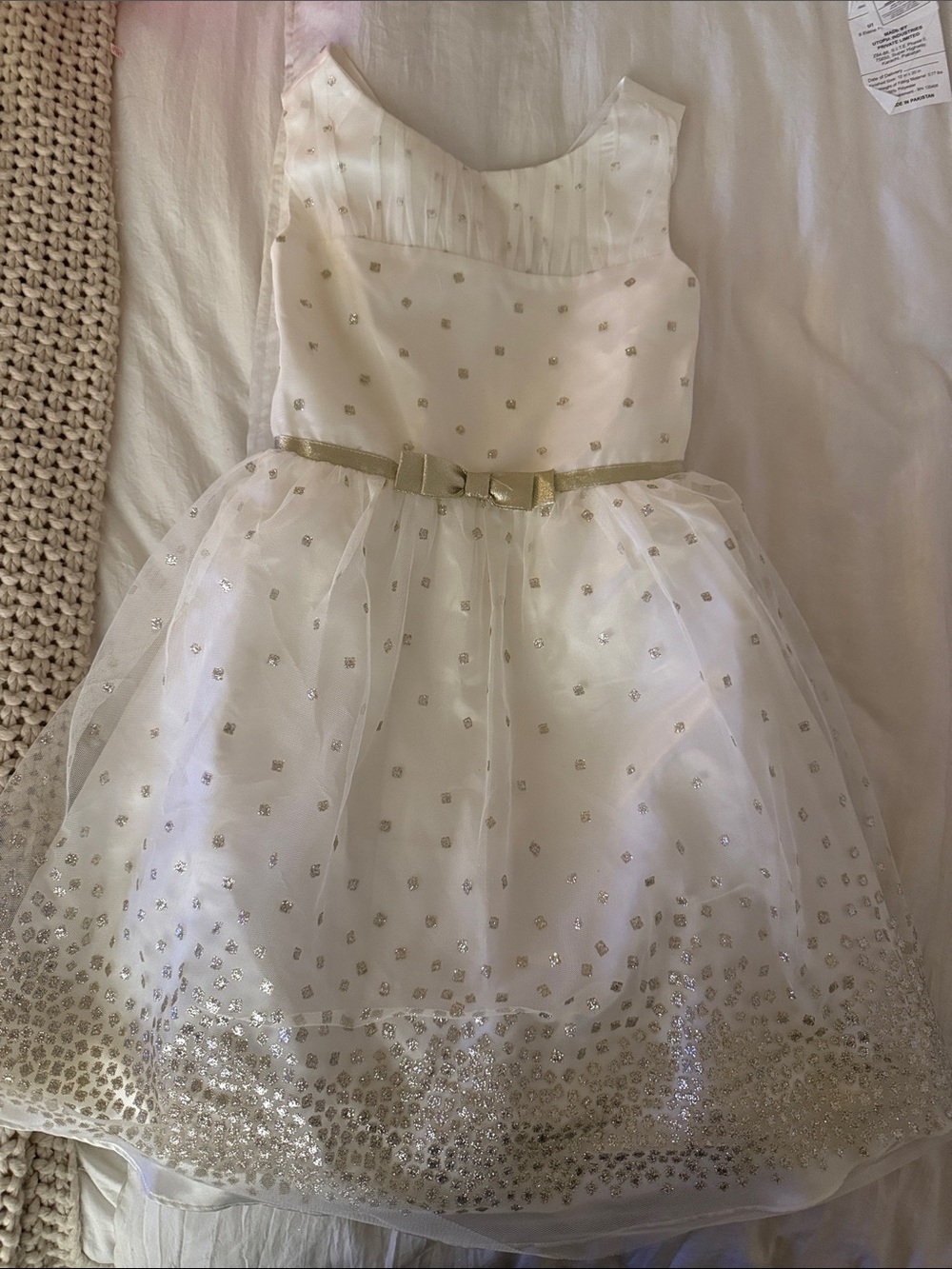 Girls White and Gold Party Dress with Bow Belt